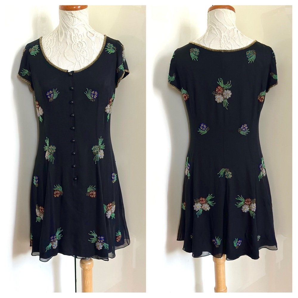 AJ Bari by Kay Unger Silk Beaded Cocktail Dress Skater Style sz 6